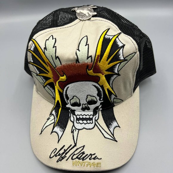 Vintage Cliff Raven Hat Brown Ed Hardy Japanese tattoo Snap back Trucker Cap 90s - Picture 1 of 8